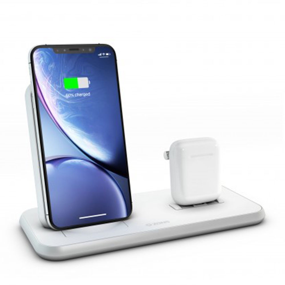 Image of Zens - (20W) Aluminium Qi Fast Charge MFi Dual Ladegerät Halterung Aufsteller (ZEDC06W/00) AirPods kompatibel + Netzteil - Weiss bei Apfelkiste.ch