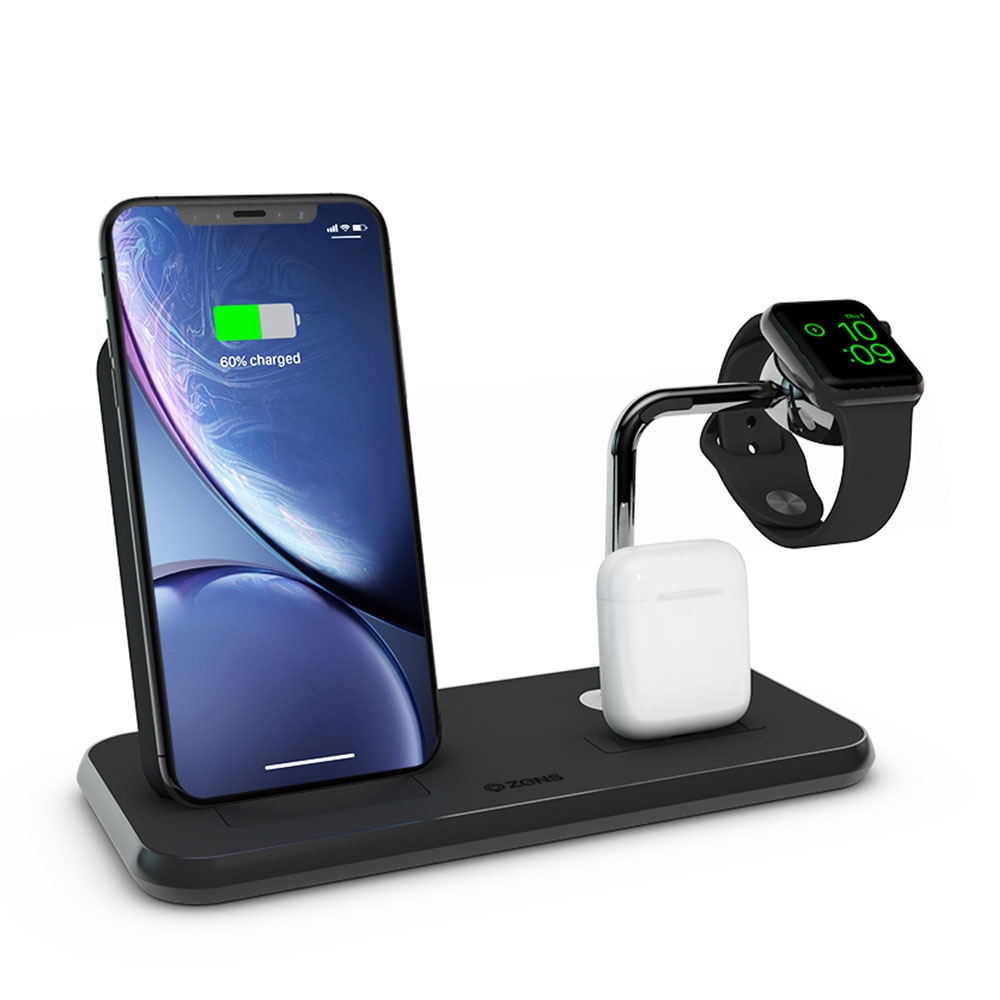 Image of Zens - (20W) Aluminium Qi Fast Charge MFi Triple Ladegerät Halterung Aufsteller (ZEDC07B/00) AirPods + Apple Watch kompatibel + Netzteil - Schwarz bei Apfelkiste.ch