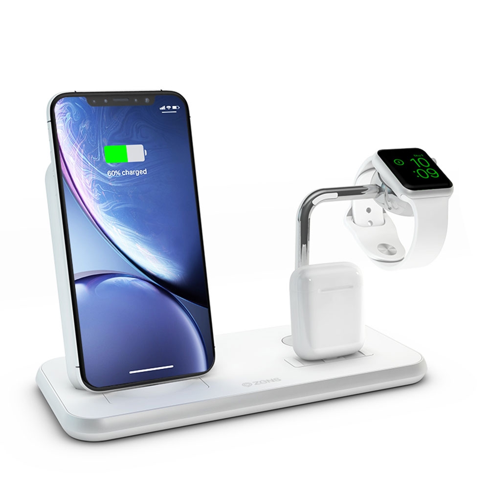 Image of Zens - (20W) Aluminium Qi Fast Charge MFi Triple Ladegerät Halterung Aufsteller (ZEDC07W/00) AirPods + Apple Watch kompatibel + Netzteil - Weiss bei Apfelkiste.ch