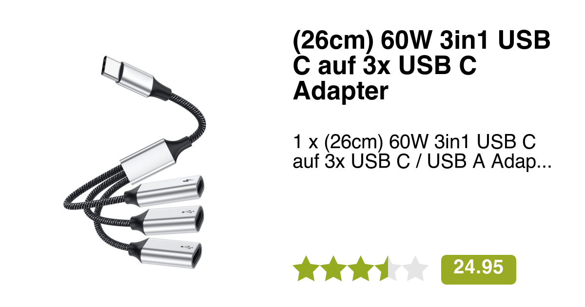 (26cm) 60W 3in1 USB C auf 3x USB C Adapter Kabel