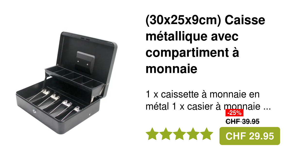 30x25x9cm Caisse en métal avec compartiment à monnaie + clé