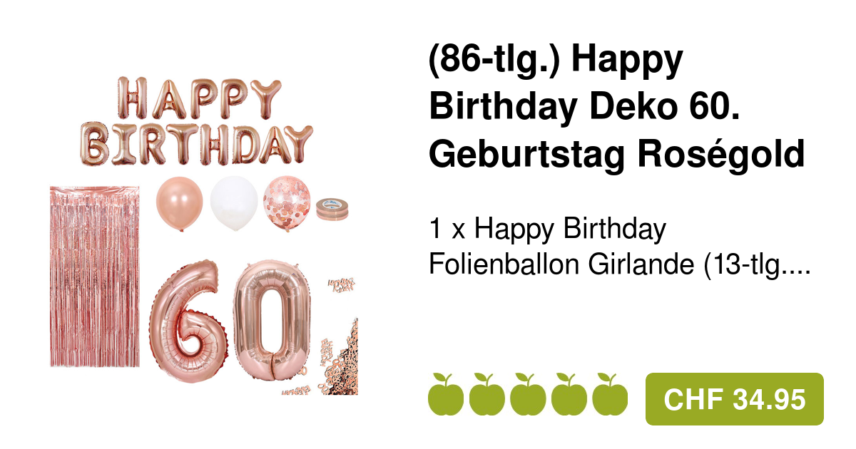 (86-tlg.) Happy Birthday Deko 60. Geburtstag Roségold