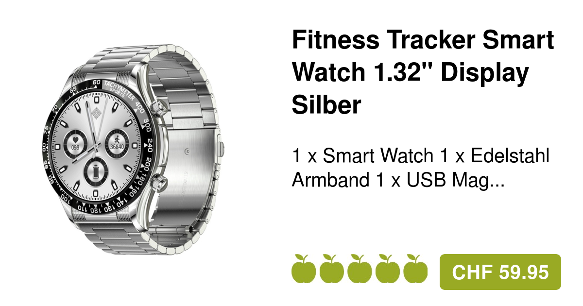 Fitness Tracker Smart Watch 1.32" + Edelstahl Armband Silber