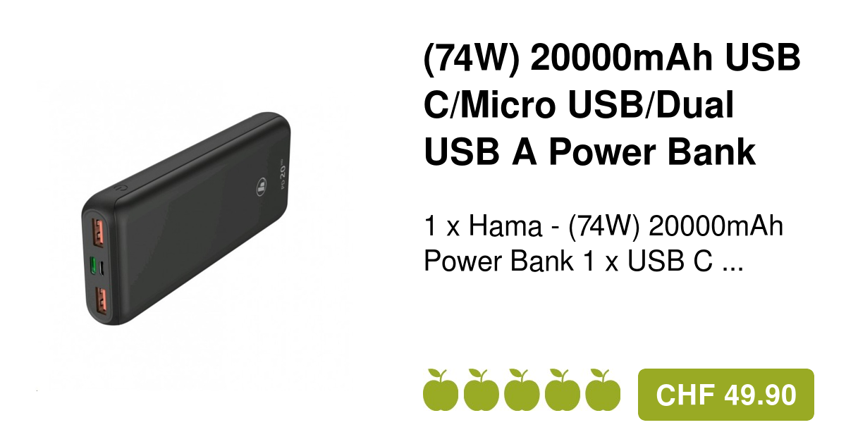 Hama USB Bank USB A Dual 20000mAh C/ Power (74W)