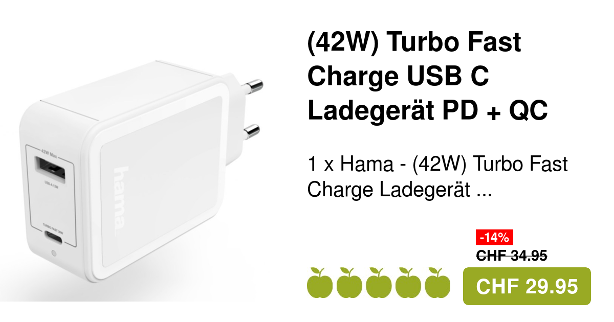 Hama - (42W) Turbo Fast Charge USB C (PD 3.0) USB (QC 2.0) Ladegerät Power  Delivery (00183320) - Weiss
