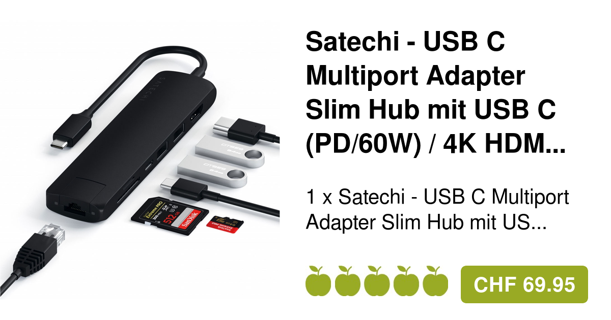 Satechi Hub Slim multiport USB C 4K ST-UCSMA3K Noir