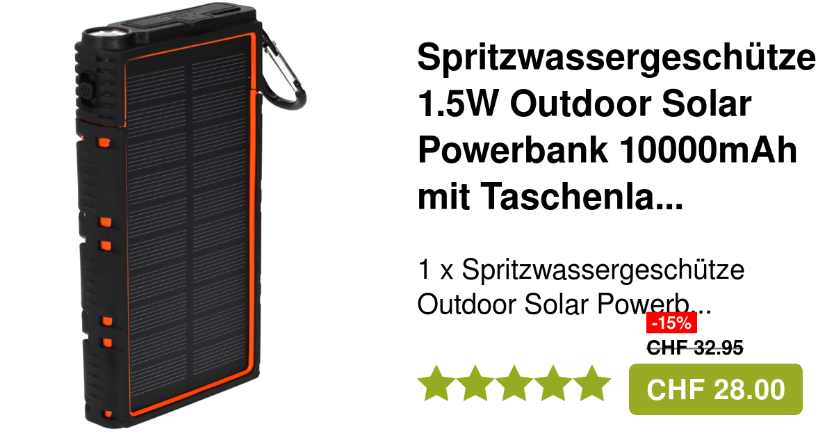 Solar Powerbank 10000mAh Taschenlampe IP66 Schwarz