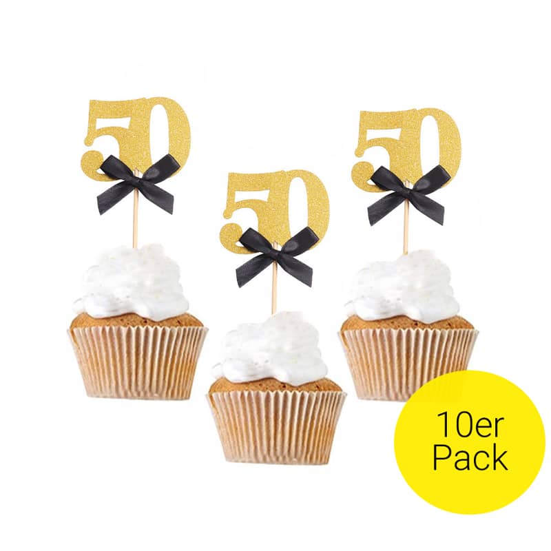 10er Set 50. Geburtstag Kuchenstecker Schleife Gold