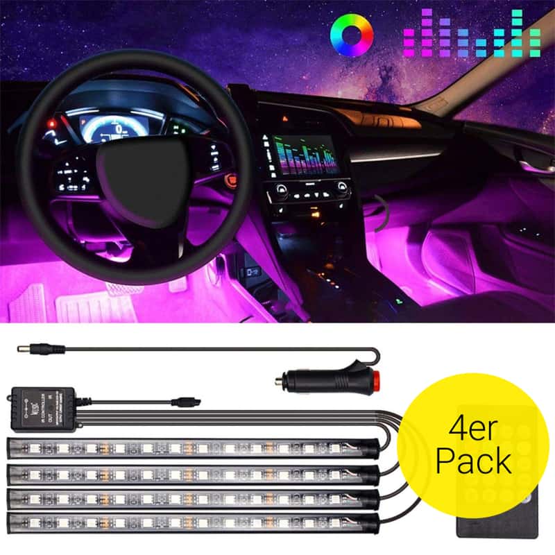 (4er Set) 48 LEDs Auto Licht Streifen RGB Fussraumbeleuchtung für KFZ  Innenraum mit Sound Control + Fernbedienung - Zigarettenanzünder