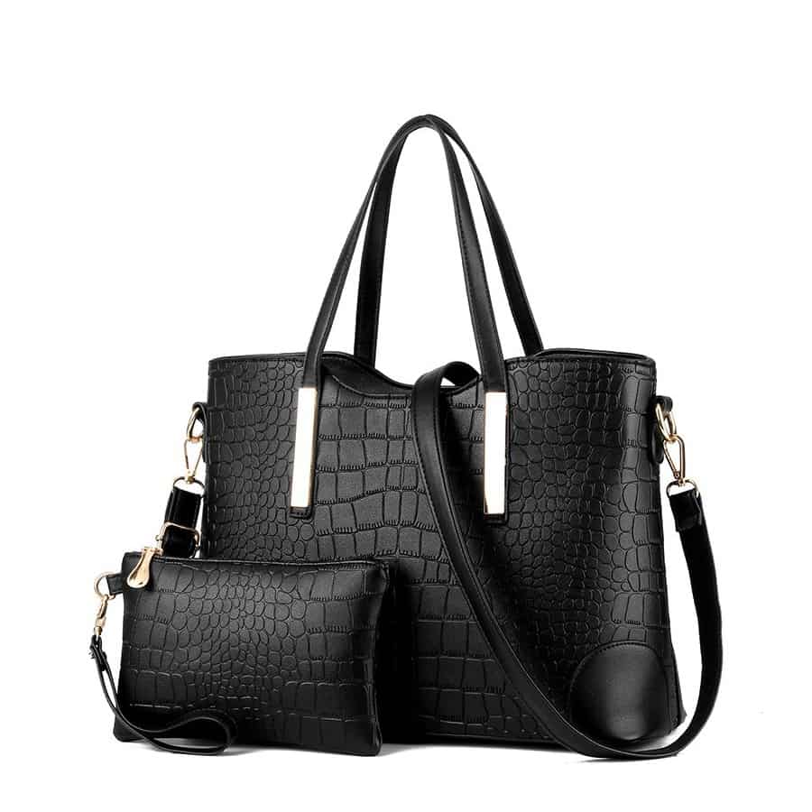 (2 pièces) Sac à main en cuir pour femme Fashion Sac à bandoulière Croco  Look Noir