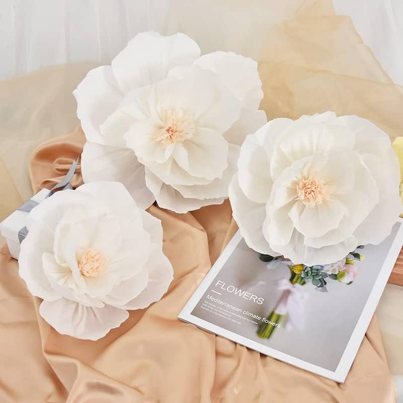 3er Set Krepppapier Kunstblumen DIY Wand Deko Weiss