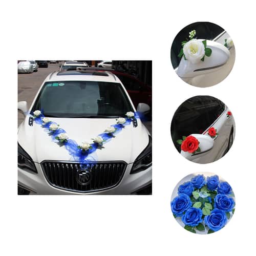 Lot De 6 Nœuds De Voiture Pour Mariage - Décoration De Rétroviseur En Polyester Et Fleurs Artificielles - Bleu - Pour Cortège, Fête