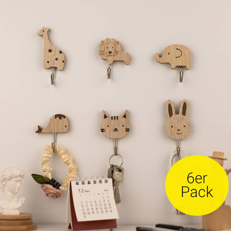 6er Set) Holz Garderobe Kinder Kleiderhaken Tiere