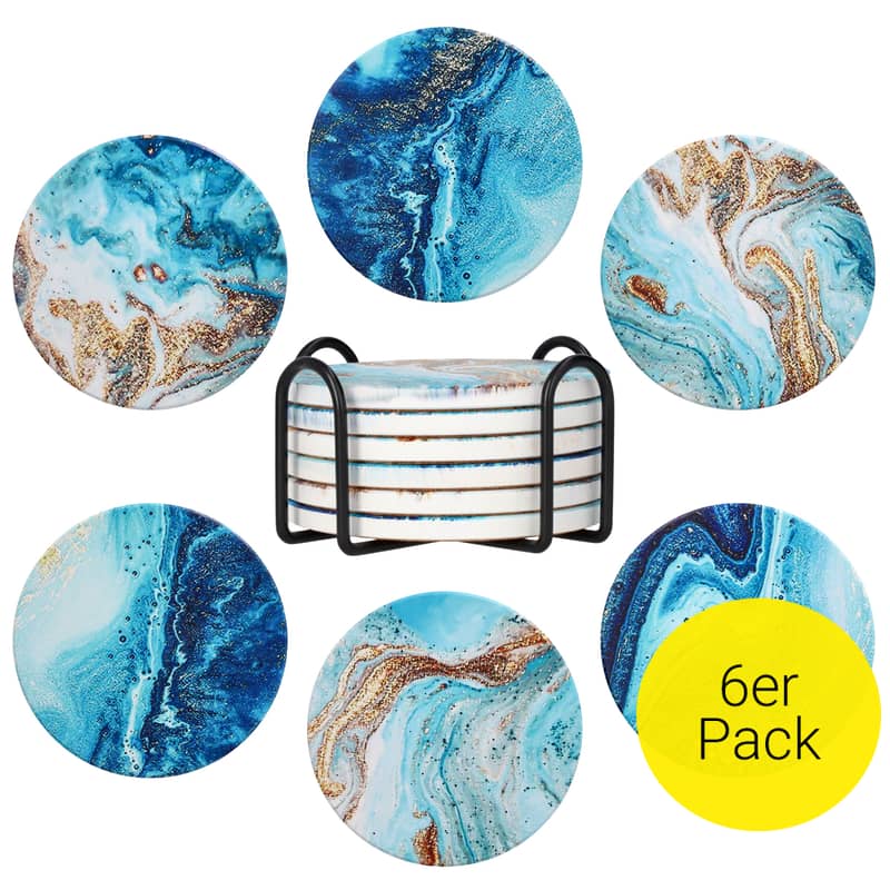 6er Set Ø10cm Marble Getränke Untersetzer + Halterung