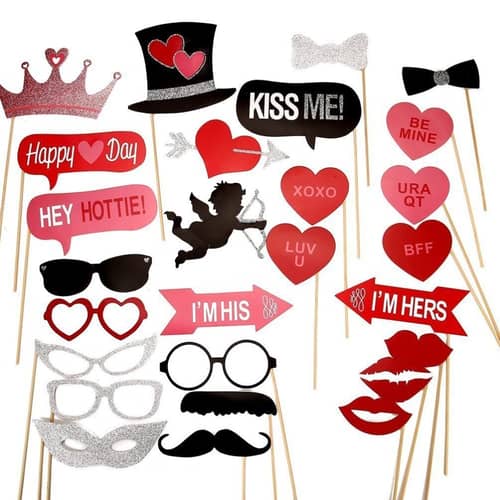 30 Stück Valentinstag Foto-Props - Selfie-Zubehör Für Party, Hochzeit, Geburtstag | Inkl. Stäbchen & Klebeband