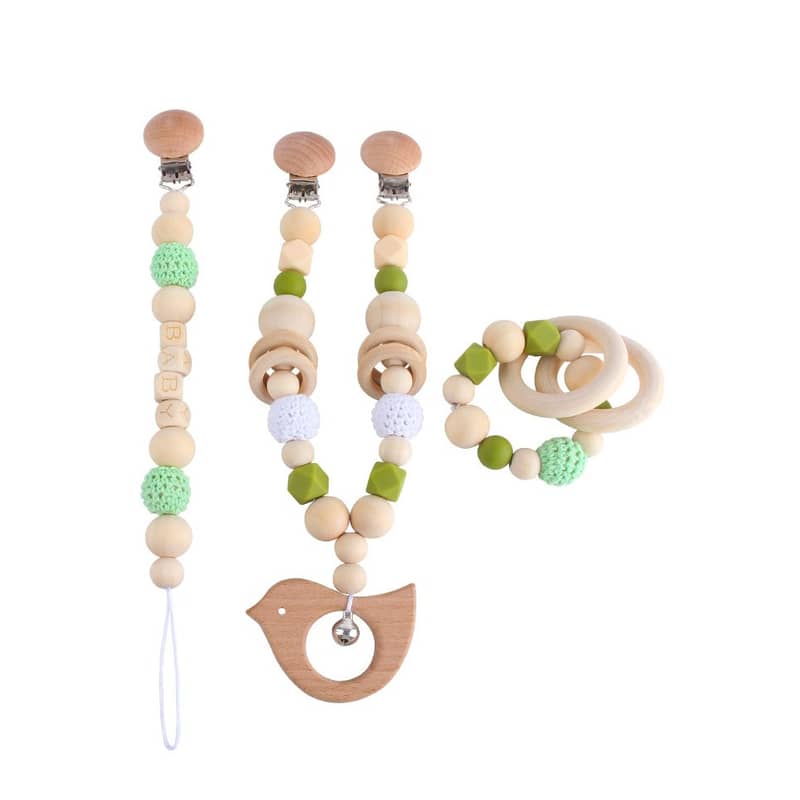 3-tlg. Set) Holz Schnuller Kinderwagen Kette Vogel
