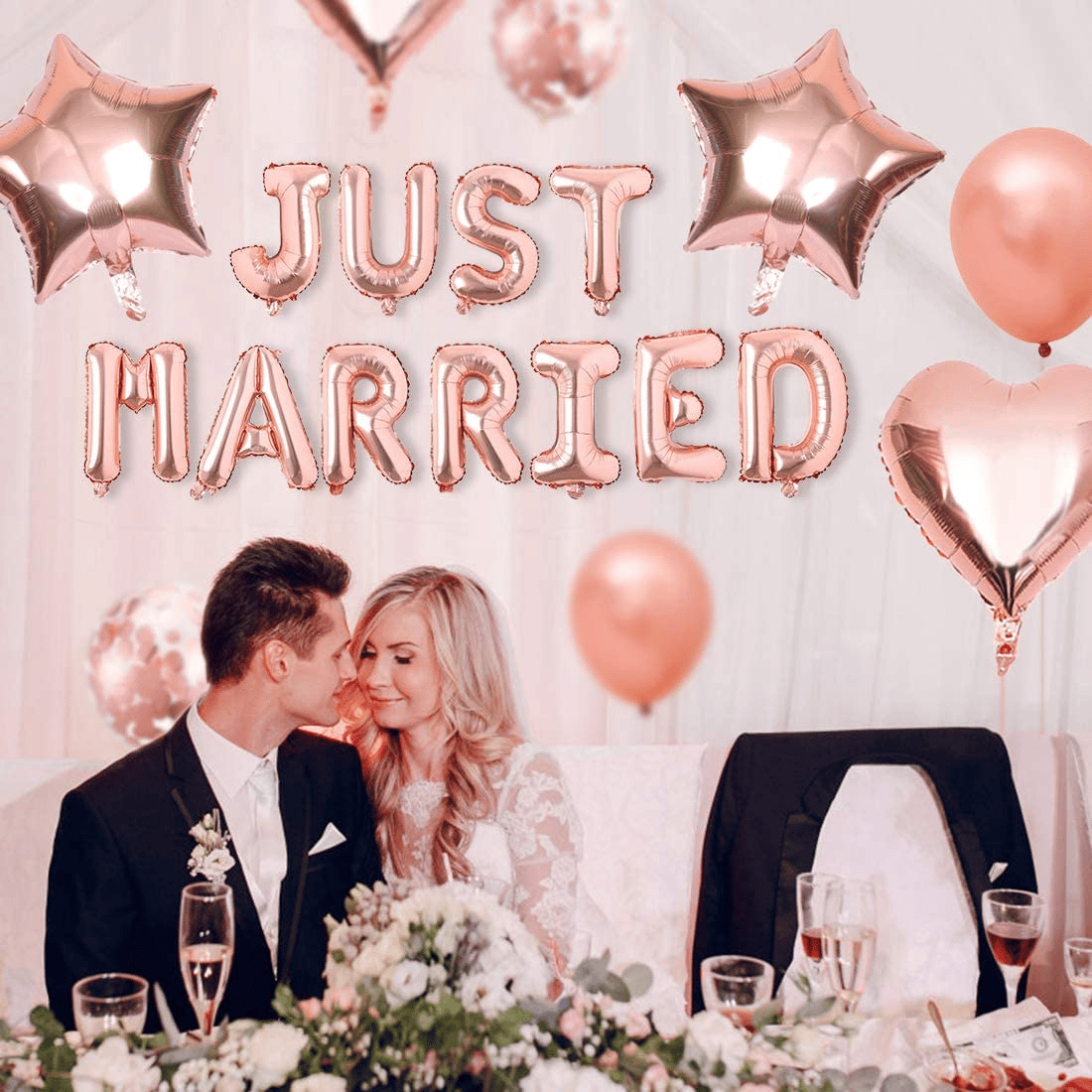 Just Married Girlande Mit Luftballons – Silbernes Banner, 2x Gold-Lametta & Diamantring-Ballon