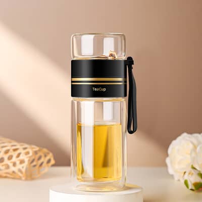 (280ml) Doppelwandige Glas Tee Flasche Thermo Becher Teekanne To Go inkl. Edelstahl Sieb für Losen Tee