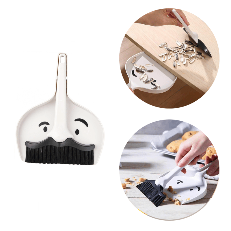 2-tlg. Set) Mini Besen mit Kehrschaufel Moustache