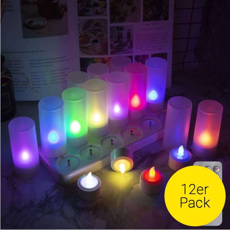 12er Set) 2in1 Flackernde LED Teelichter Kerze Bunt