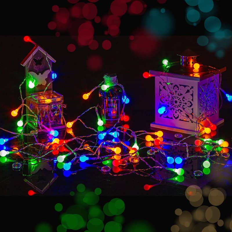 80er LED Lichterkette 10 Meter Batterie Kugeln Design