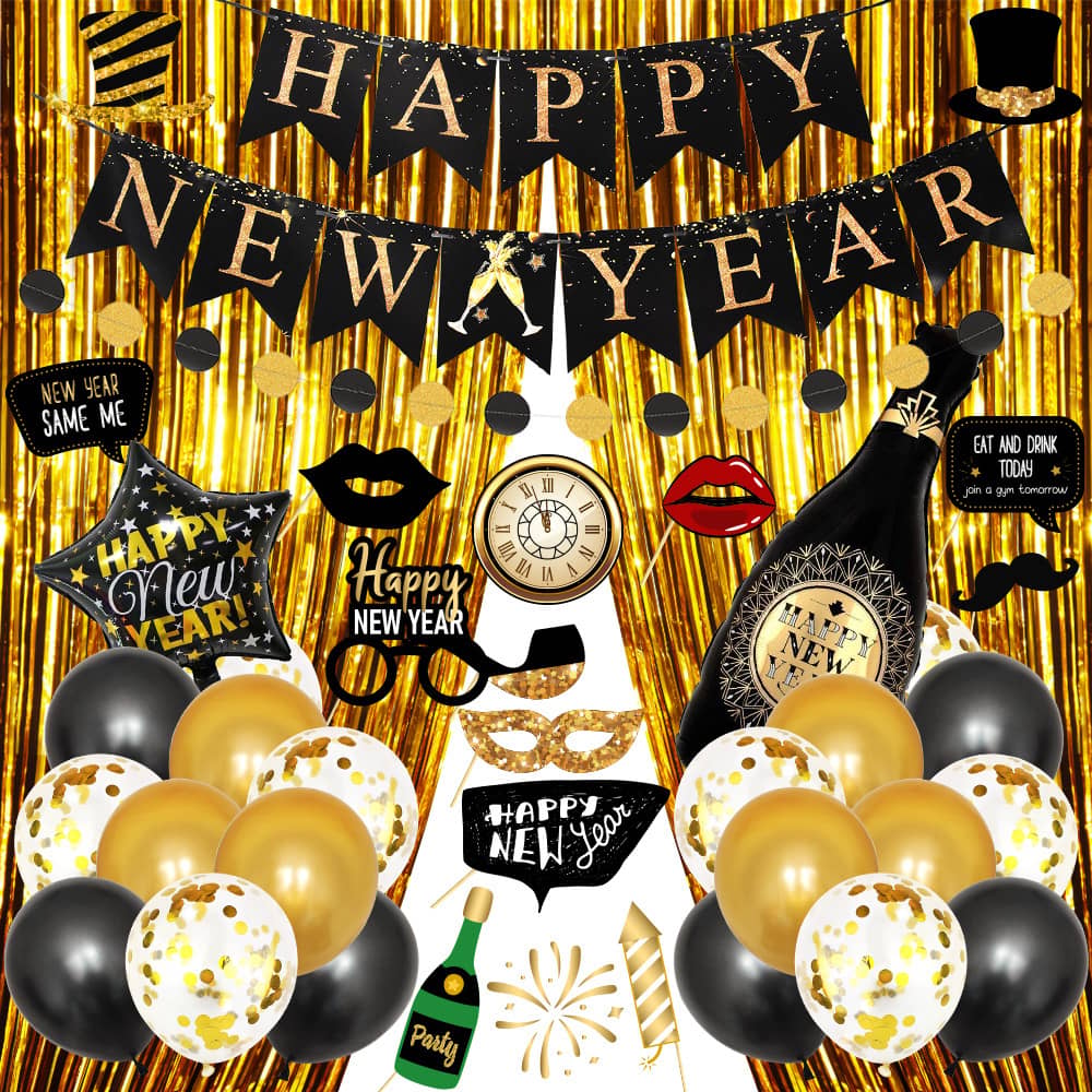 Oblique Unique Folien Luftballons Happy New Year – Silvester Deko In Schwarz/Gold, Ungefüllt