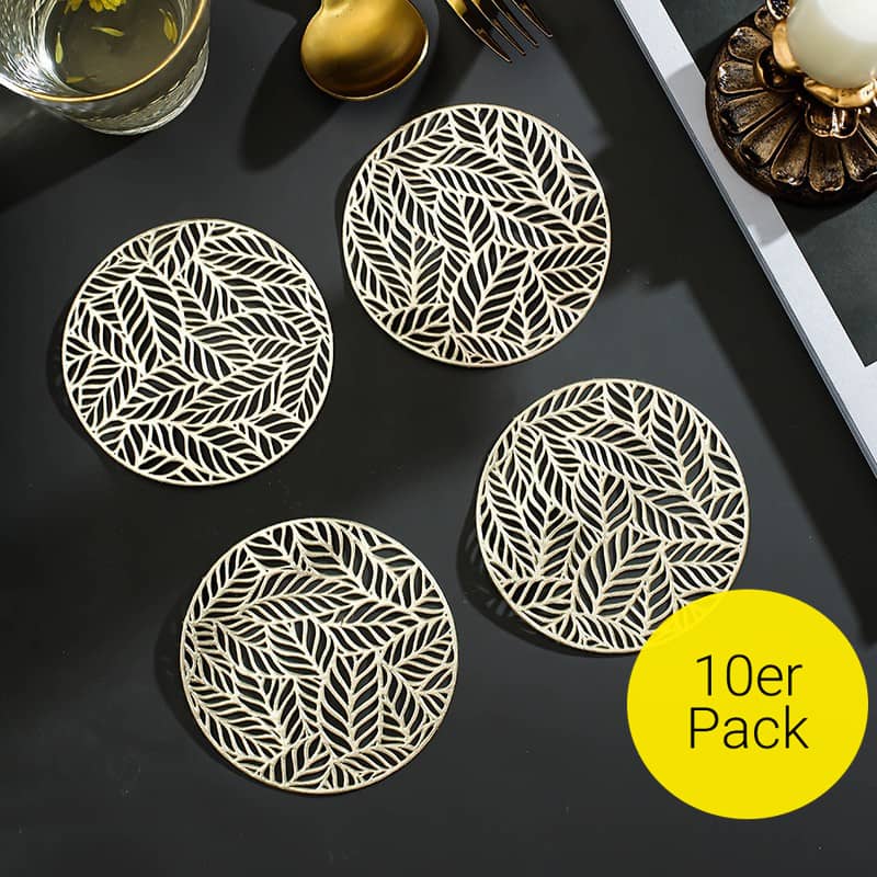10er Set) Getränke Untersetzer Blätter Design Gold