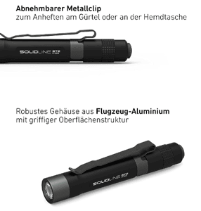Solidline ST4 Taschenlampe – 180 Lumen, 70 M Reichweite, 3 Helligkeitsstufen, Mit Clip
