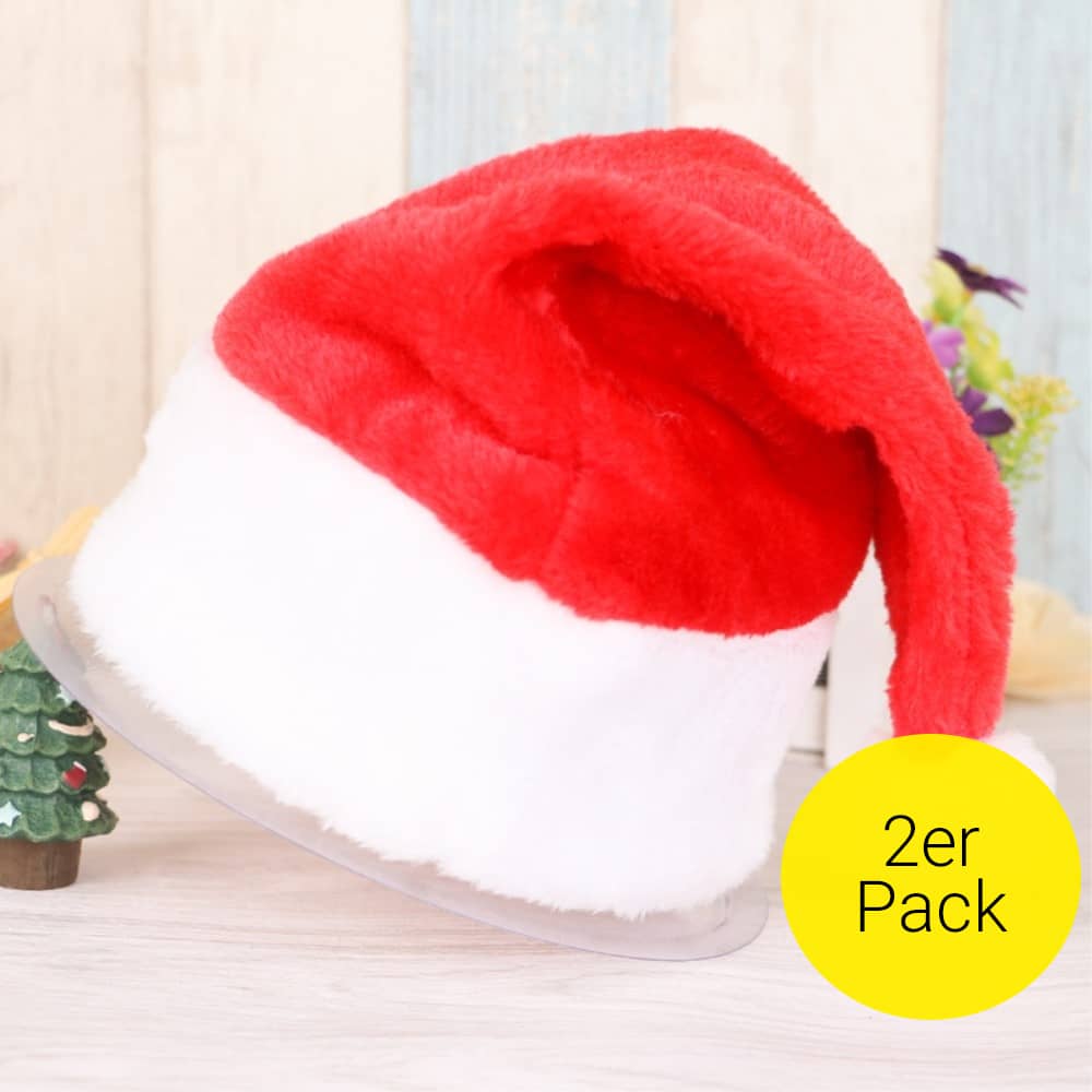 Weihnachtsmützen 2er-Set – Rote Plüschmützen Mit Bommel, Einheitsgröße Für Erwachsene & Kinder