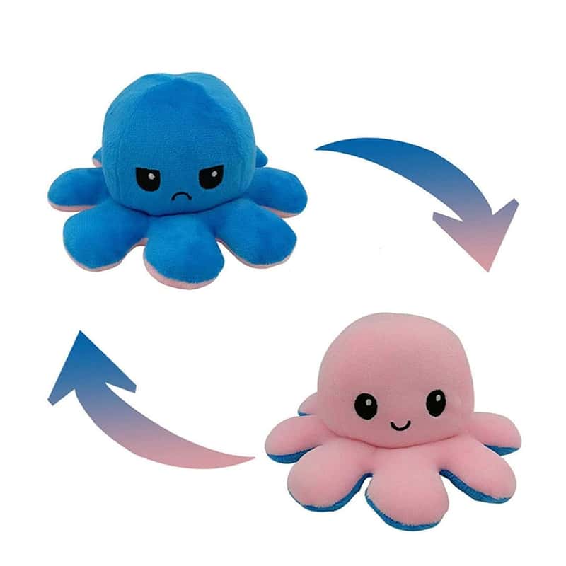Reversibles Oktopus Plüschtier Hellblau/Blau glücklich/sauer doppelseitig 