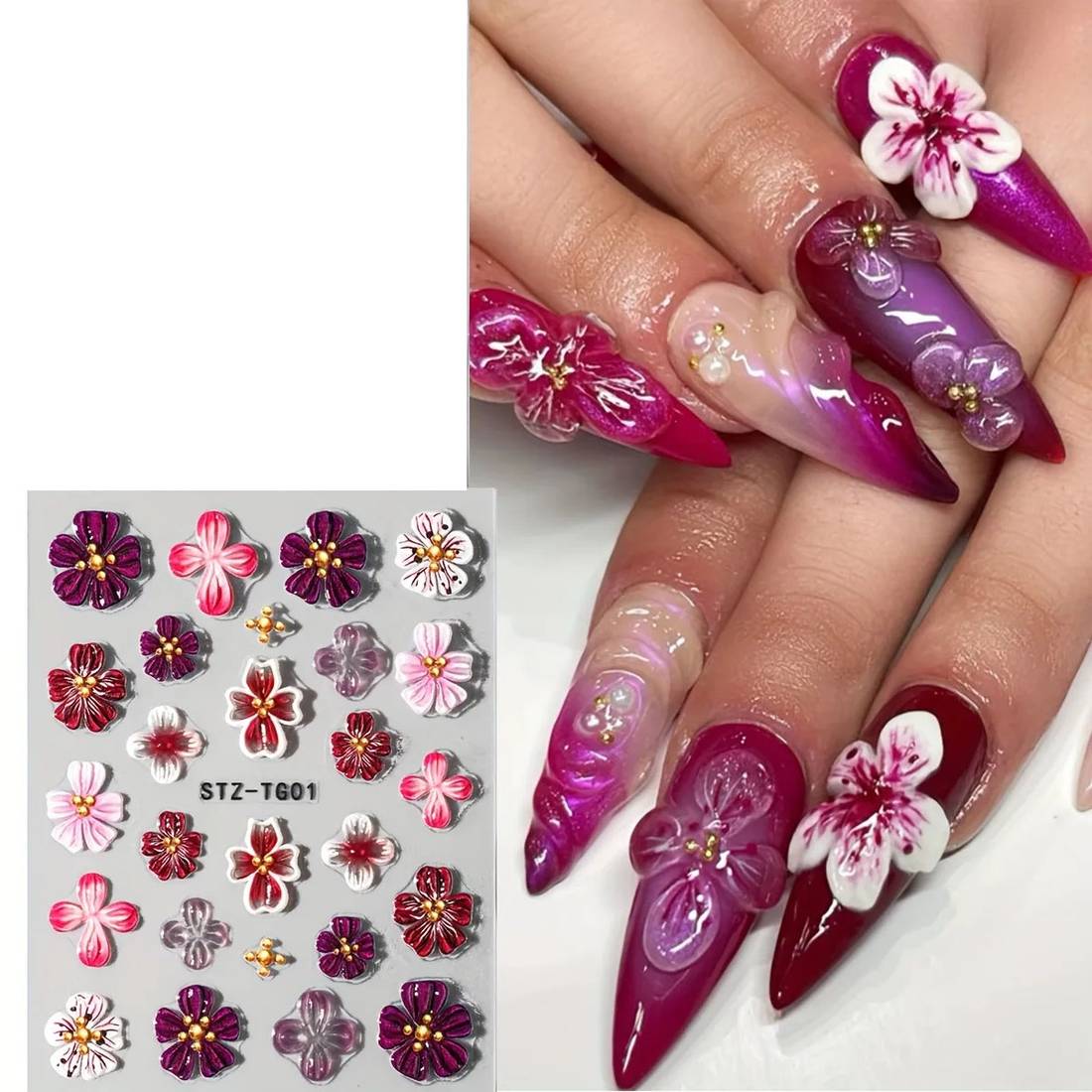 2 Blatt Nagelsticker Selbstklebend – Blumen & Abstrakte 3D-Designs, Ideal Für DIY Maniküre & Dekoration
