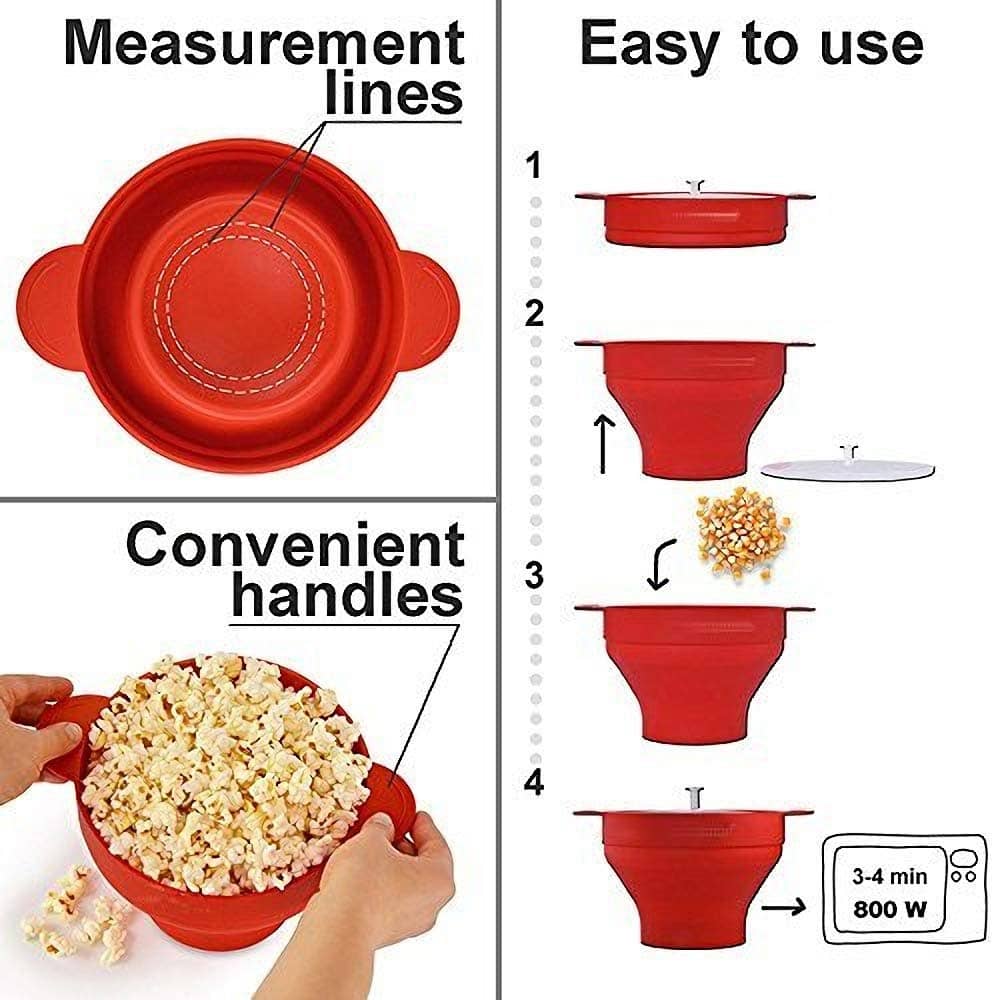 PoppyCrisp Faltbarer Popcorn-Maker Aus Silikon, Rot – Für Die Mikrowelle