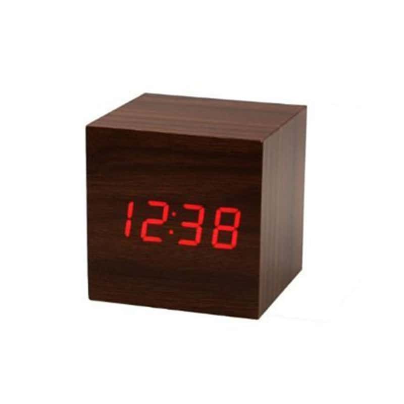 Cube Würfel LED Wecker Uhr im Holz Design - Dunkelbraun