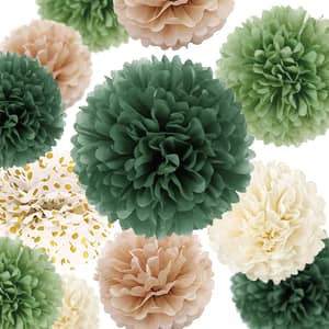15-teiliges Pompons Deko Set – Waldgrün, Gold, Elfenbein | Papier-Pompons & Girlanden Für Partys & Feiern