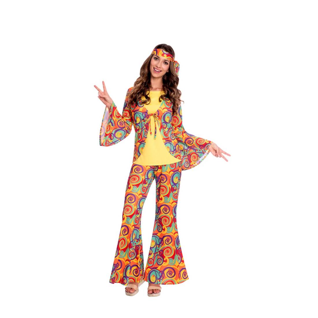 DEGUISE TOI 60er Jahre Hippie-Kostüm – Beige-bunt, Größe M/L, Inkl. Weste, Hose, Gürtel & Stirnband