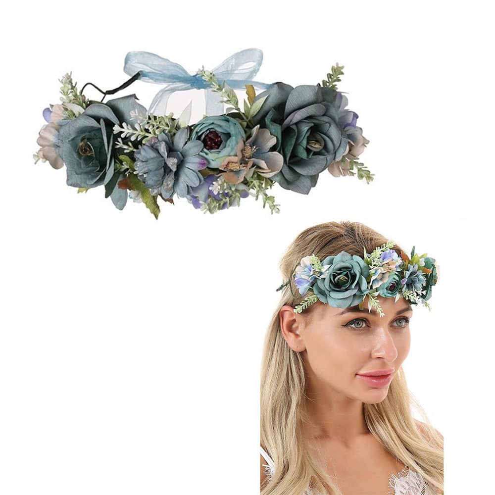 Handgefertigter Blumenkranz-Stirnband Aus Seide – Verstellbar, Blau, Für Hochzeit & Festival