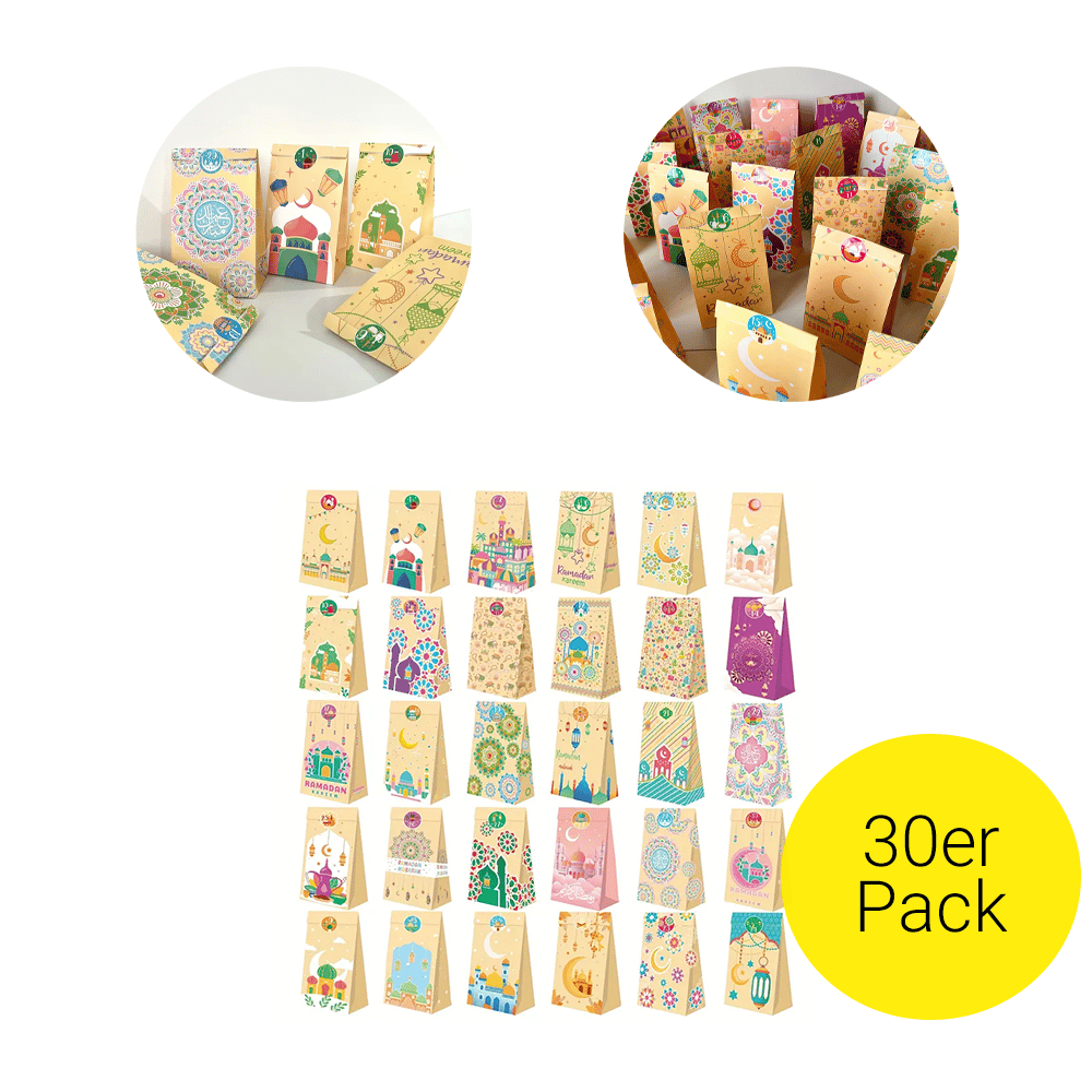 Ulikey Ramadankalender Zum Befüllen – Mit 30 Stofftaschen & LED-Lichterkette, 70x110 Cm, Für Ramadan-Dekoration