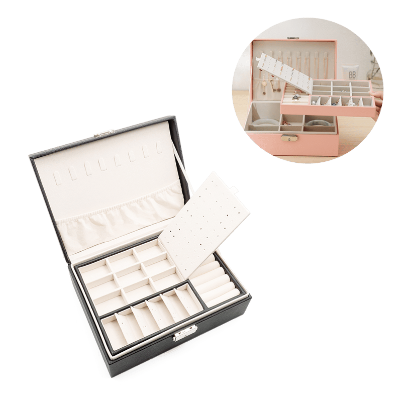 Leder Schmuckschatulle mit Schloss Organizer Schwarz